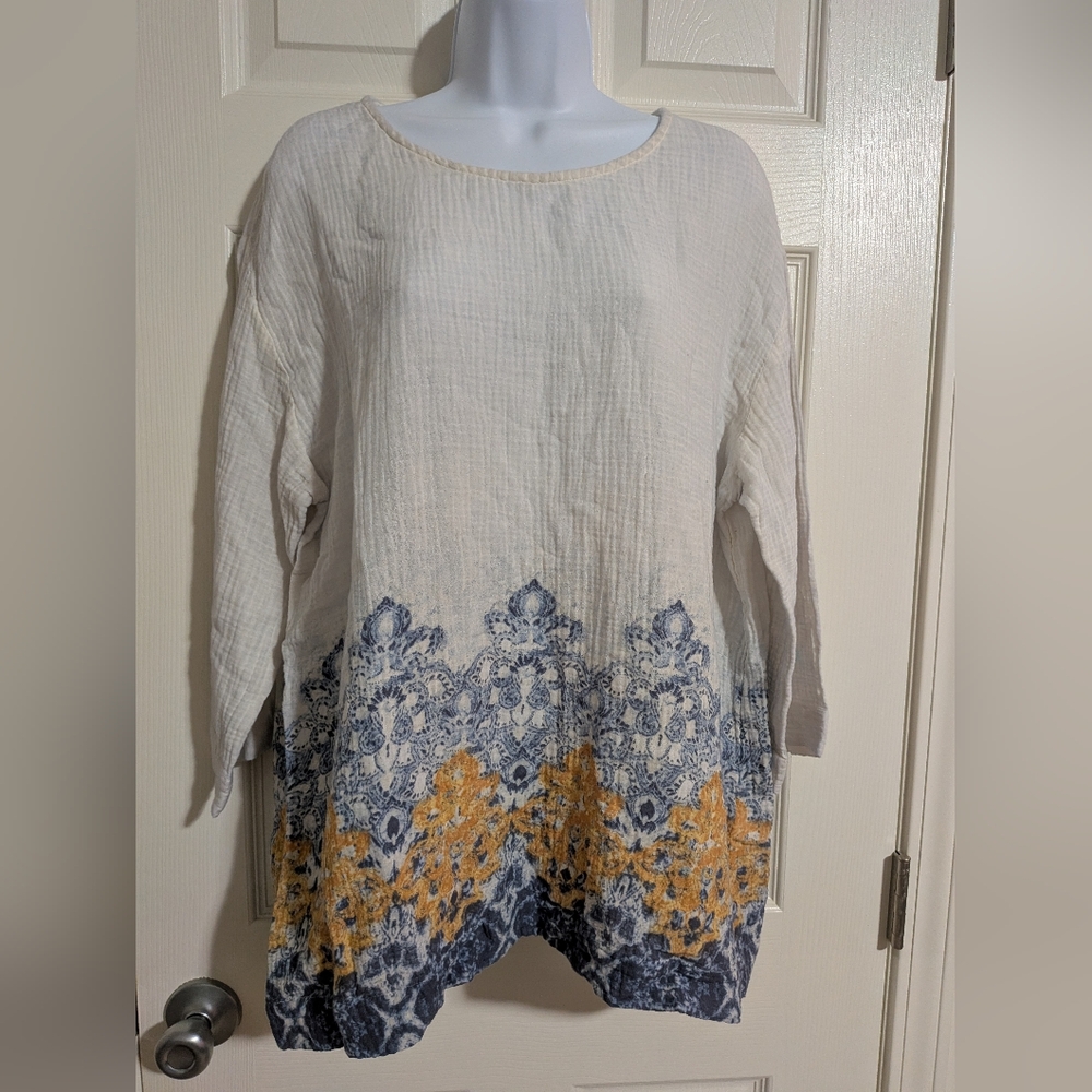 Pure Jill By J. Jill Large Cream Blouse Gauzy 100% Cotton Yellow Blue Print